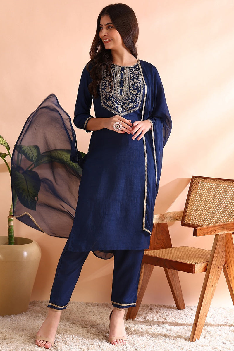 Blue Silk Blend Straight Yoke Design Kurta Pant With Dupatta PKSKD1809