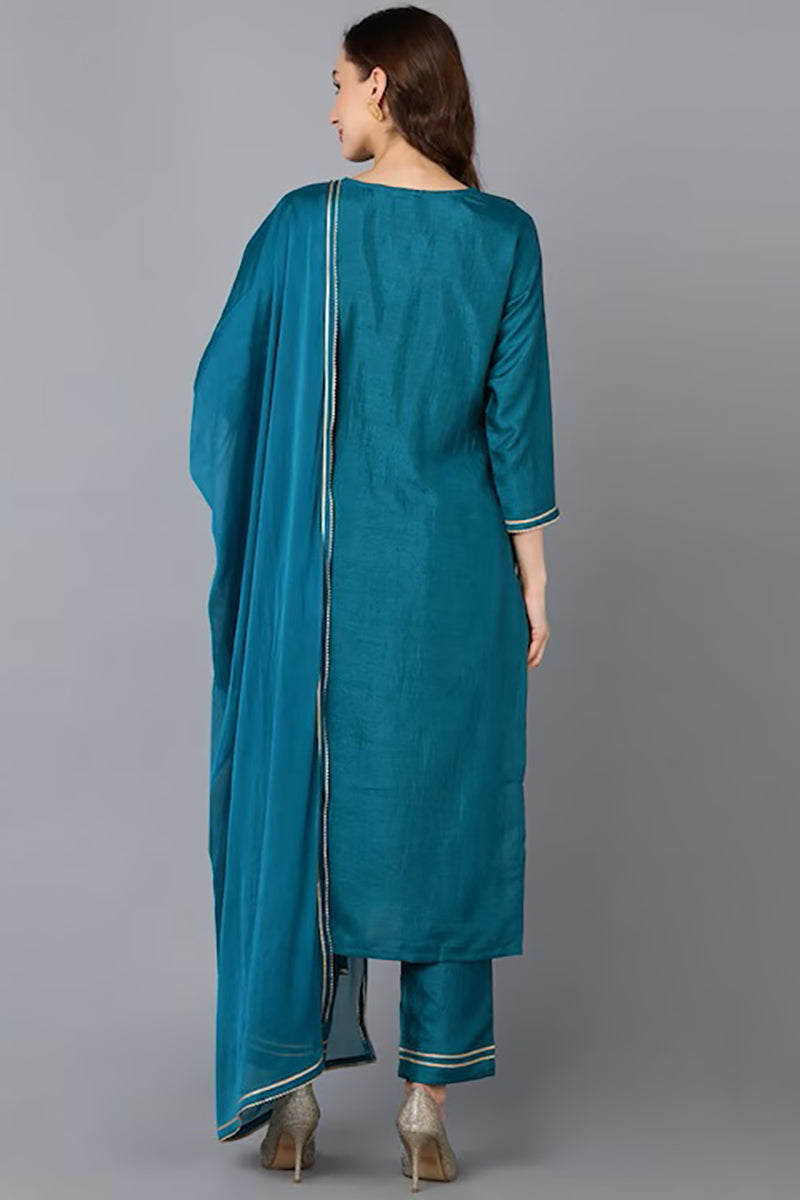 Teal Silk Blend Solid Straight Suit Set PKSKD1810
