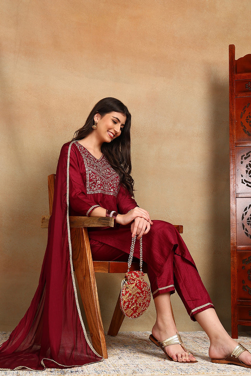 Maroon Silk Blend Solid Straight Suit Set PKSKD1811