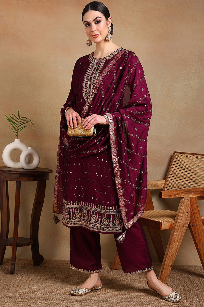 Silk Blend Wine Embroidered Straight Kurta Pant With Dupatta PKSKD1816