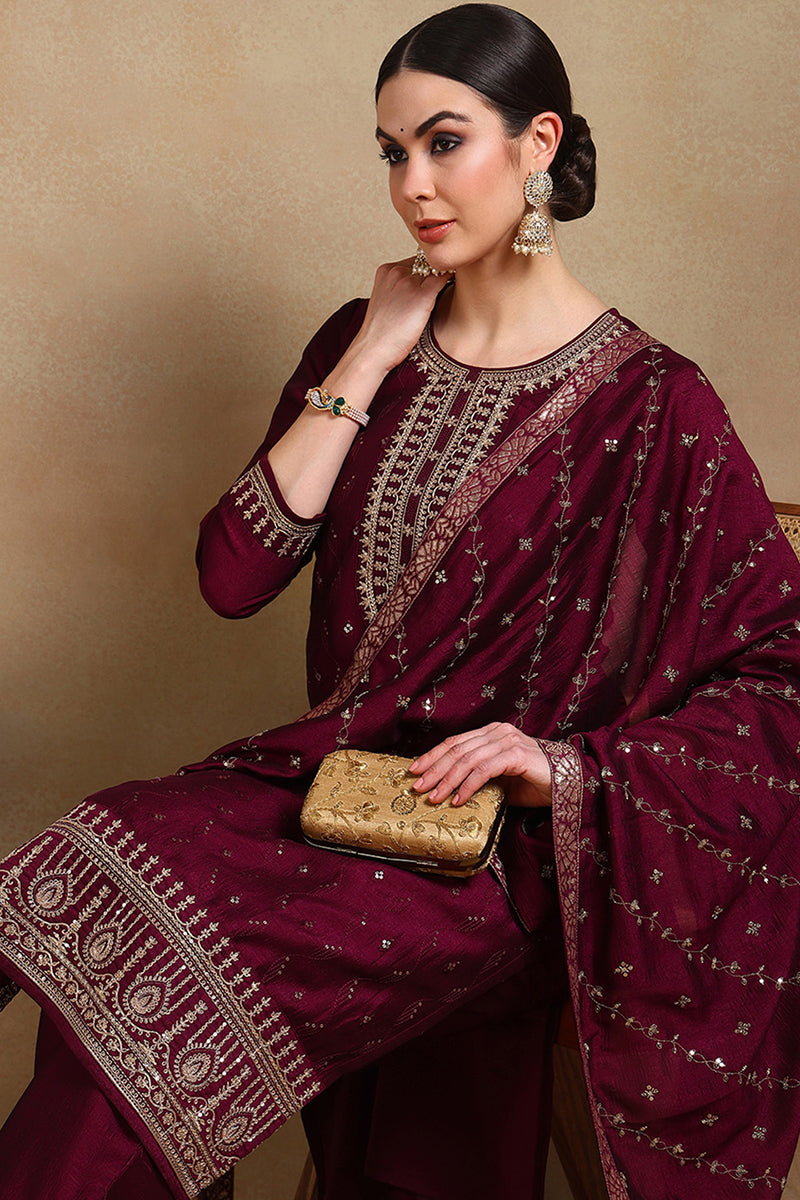 Silk Blend Wine Embroidered Straight Kurta Pant With Dupatta PKSKD1816