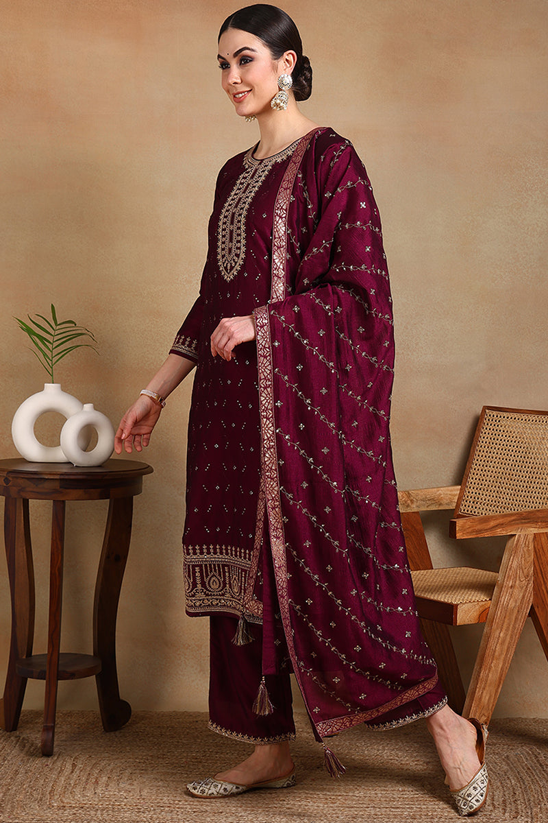 Silk Blend Wine Embroidered Straight Kurta Pant With Dupatta PKSKD1816