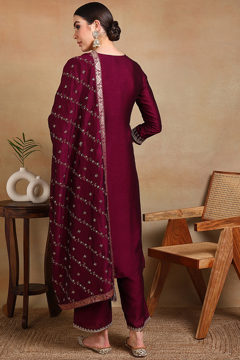 Silk Blend Wine Embroidered Straight Kurta Pant With Dupatta PKSKD1816