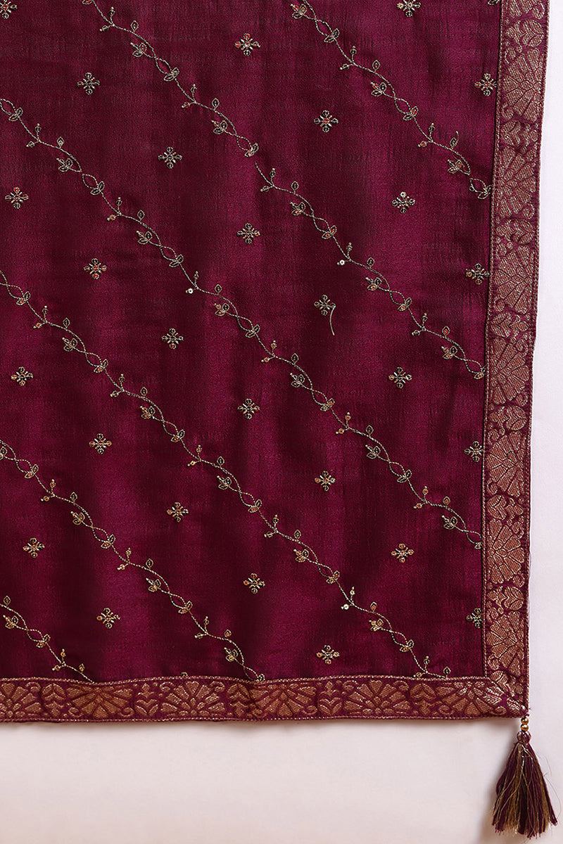 Silk Blend Wine Embroidered Straight Kurta Pant With Dupatta PKSKD1816