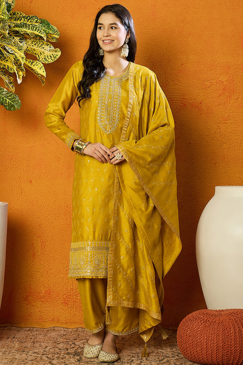 Silk Blend Mustard Embroidered Straight Kurta Pant With Dupatta PKSKD1817