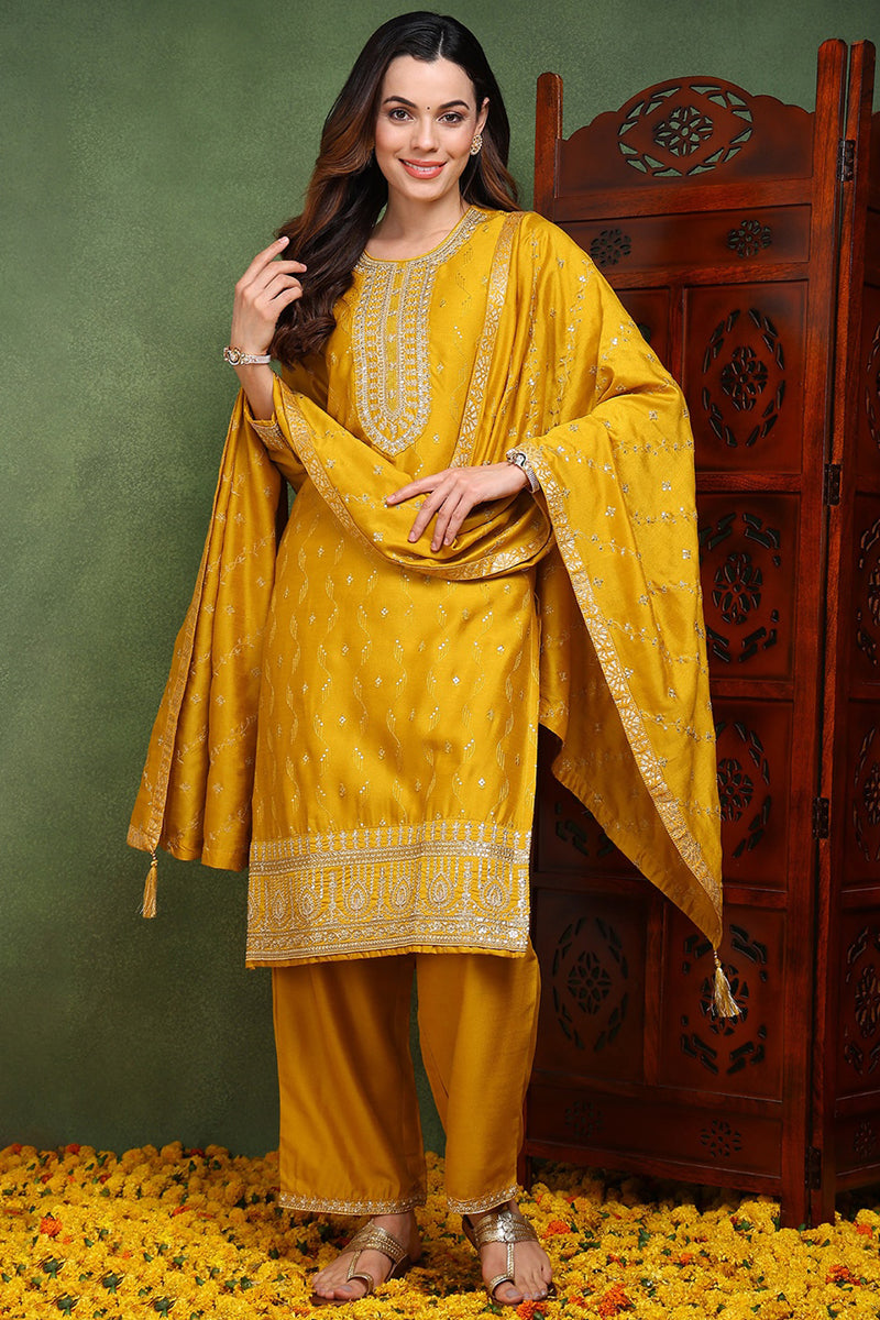 Silk Blend Mustard Embroidered Straight Kurta Pant With Dupatta PKSKD1817