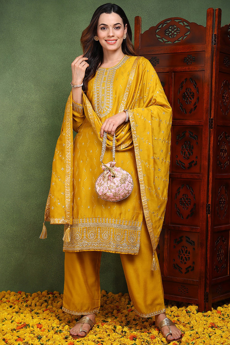 Silk Blend Mustard Embroidered Straight Kurta Pant With Dupatta PKSKD1817