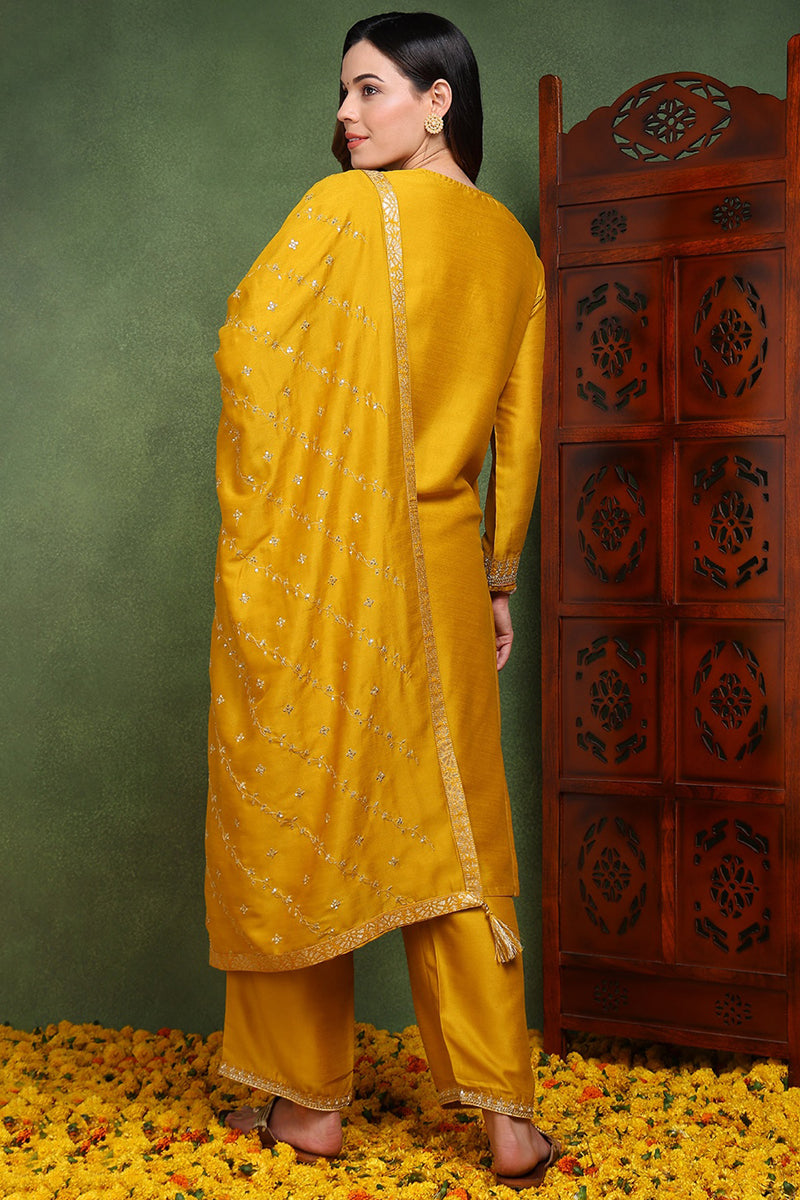 Silk Blend Mustard Embroidered Straight Kurta Pant With Dupatta PKSKD1817