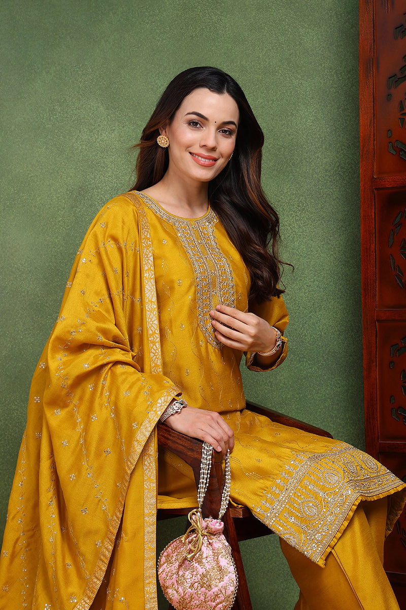 Silk Blend Mustard Embroidered Straight Kurta Pant With Dupatta PKSKD1817