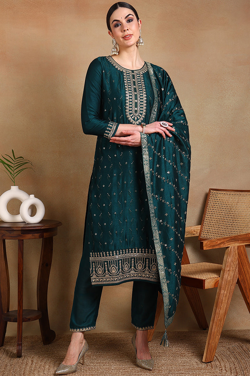 Green Silk Blend Embroidered Straight Suit Set PKSKD1818