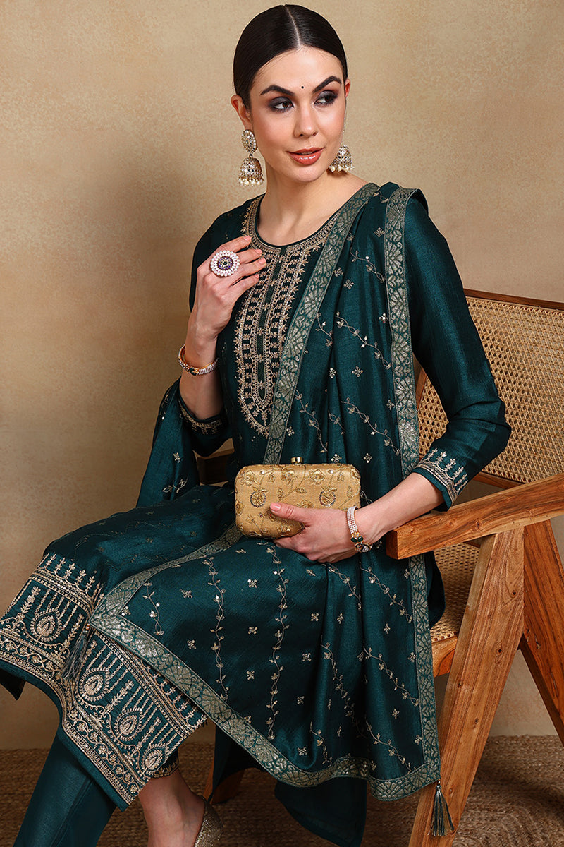 Green Silk Blend Embroidered Straight Suit Set PKSKD1818