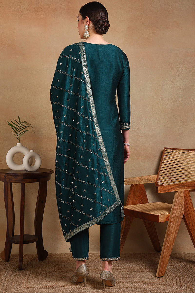 Green Silk Blend Embroidered Straight Suit Set PKSKD1818