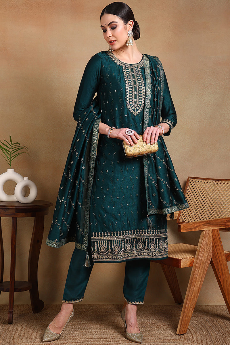 Green Silk Blend Embroidered Straight Suit Set PKSKD1818