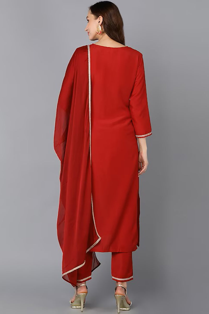 Red Silk Blend Solid Straight Suit Set PKSKD1819
