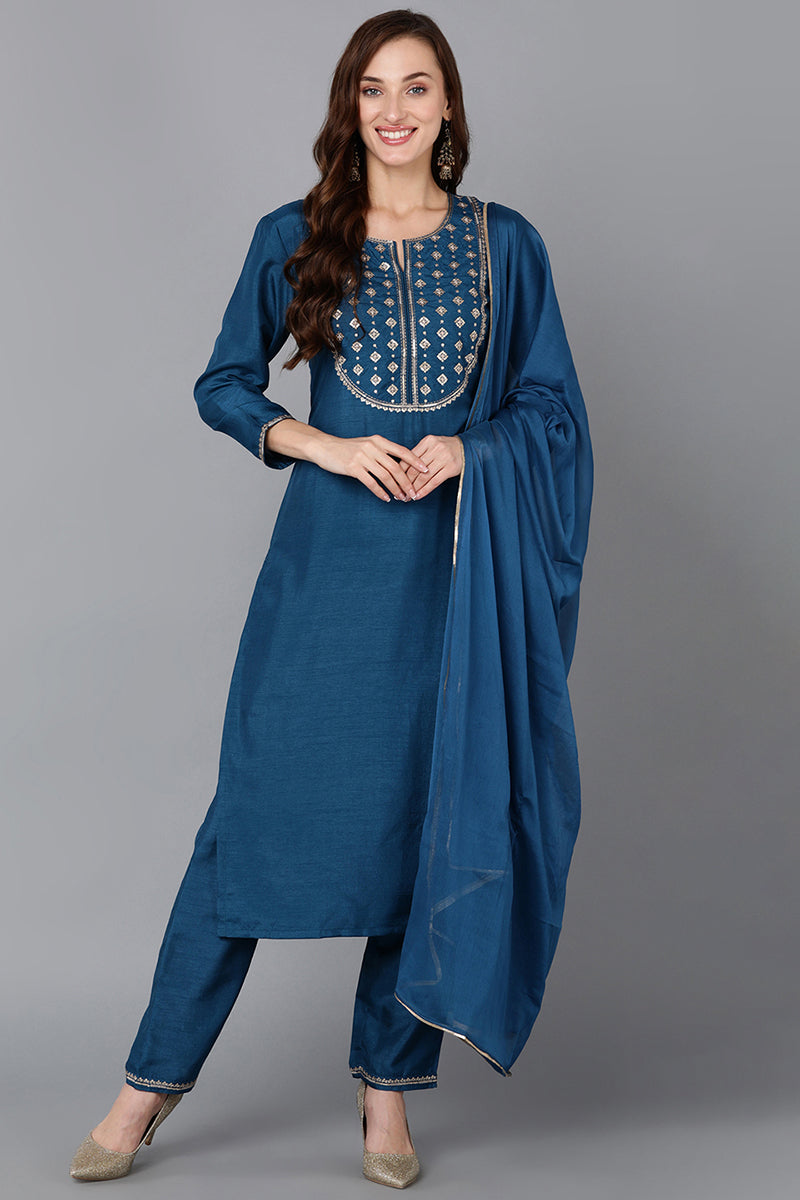 Silk Blend Blue Embroidered Straight Kurta Pant With Dupatta PKSKD1820