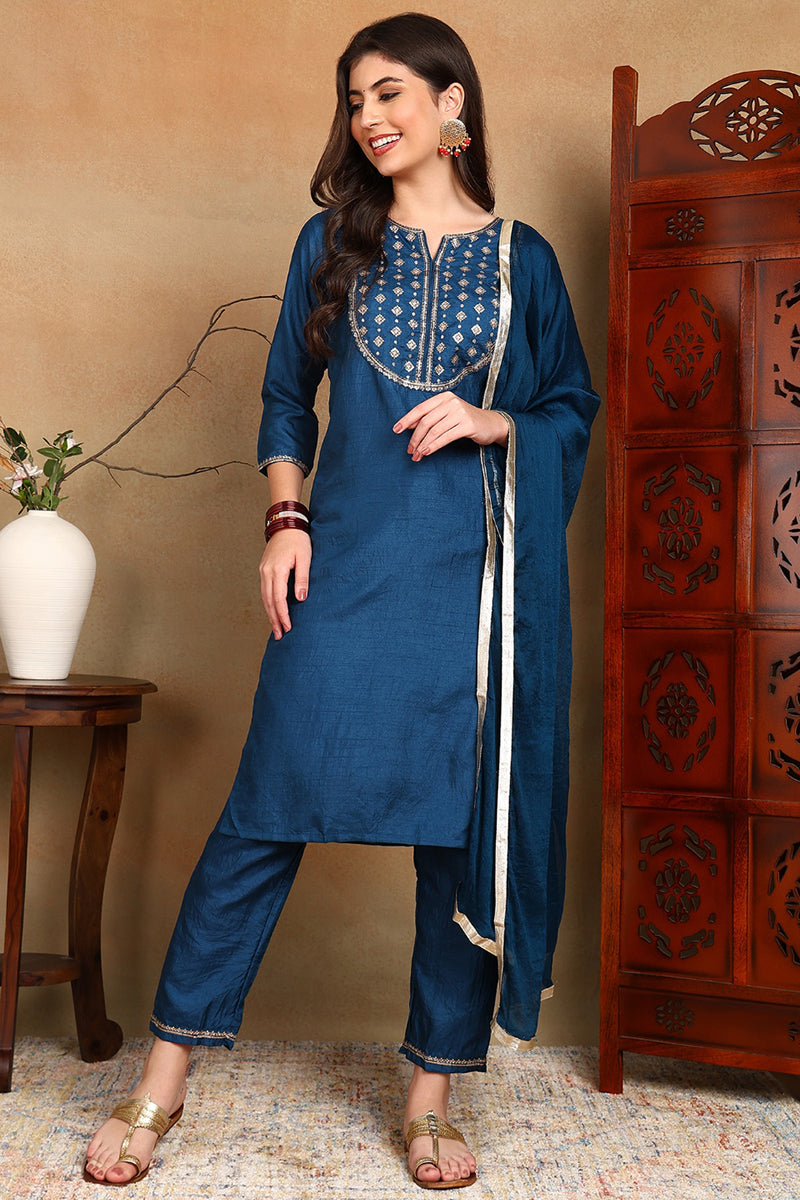 Silk Blend Blue Embroidered Straight Kurta Pant With Dupatta PKSKD1820