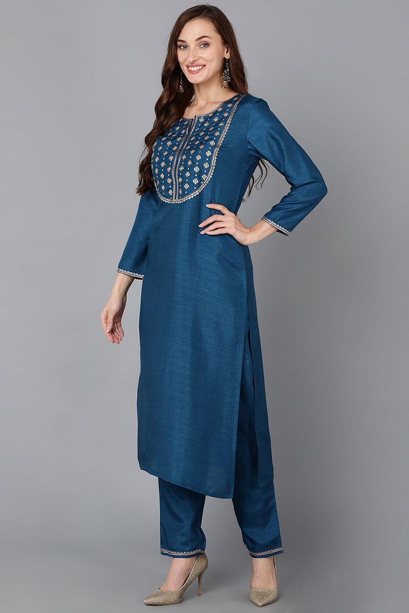 Silk Blend Blue Embroidered Straight Kurta Pant With Dupatta PKSKD1820