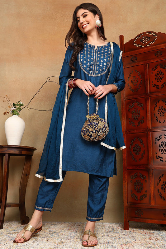 Silk Blend Blue Embroidered Straight Kurta Pant With Dupatta PKSKD1820