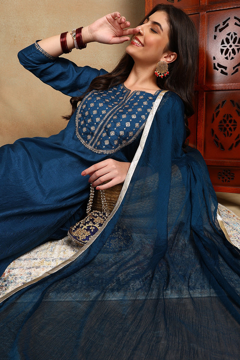 Silk Blend Blue Embroidered Straight Kurta Pant With Dupatta PKSKD1820