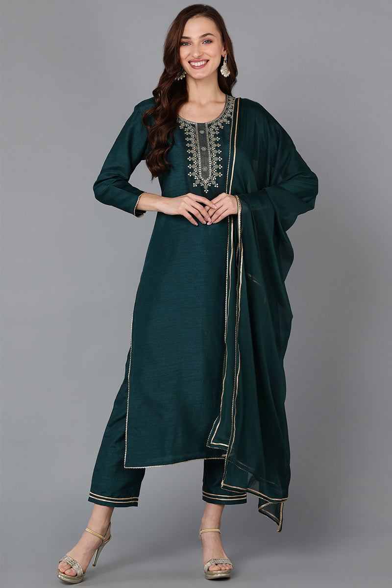 Green Silk Blend Straight Kurta Pant With Dupatta PKSKD1824