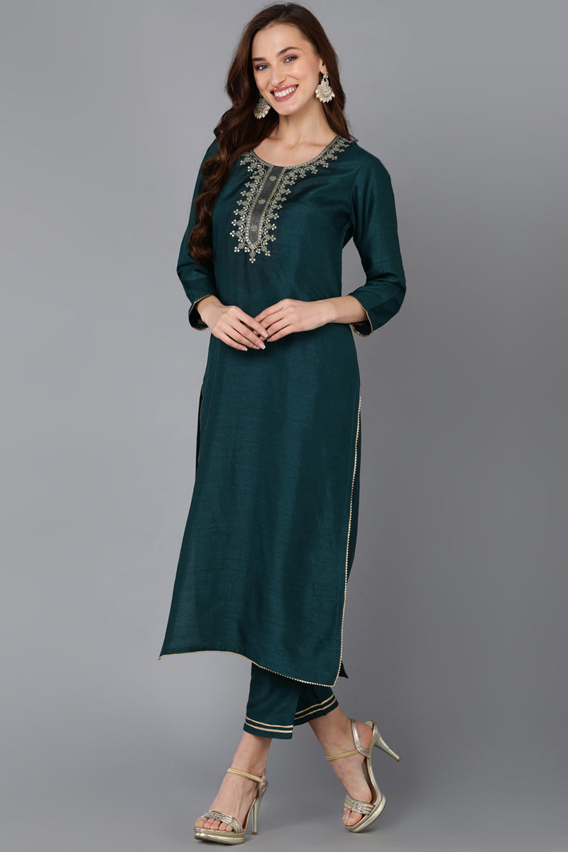 Green Silk Blend Straight Kurta Pant With Dupatta PKSKD1824