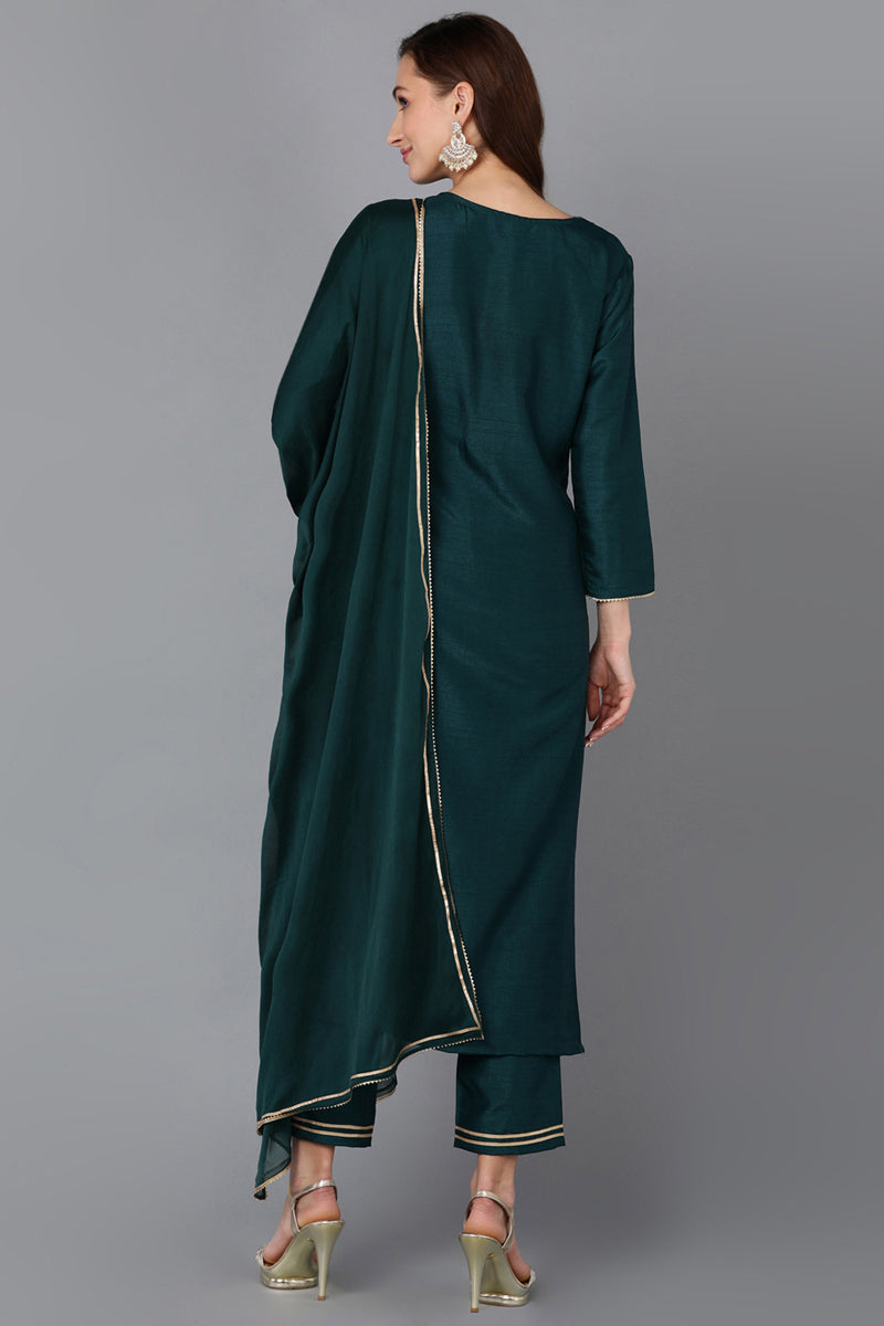 Green Silk Blend Straight Kurta Pant With Dupatta PKSKD1824