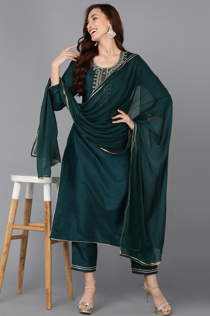 Green Silk Blend Straight Kurta Pant With Dupatta PKSKD1824