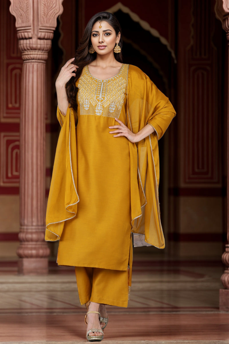 Mustard Silk Blend Straight Kurta Palazzo With Dupatta PKSKD1827