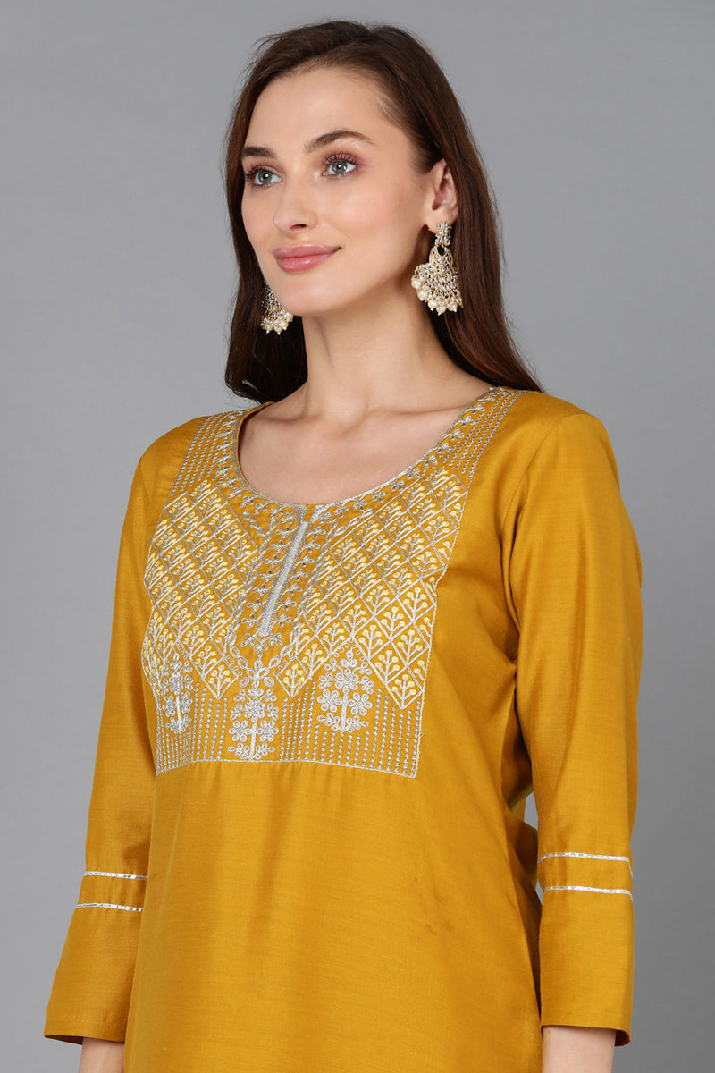 Mustard Silk Blend Straight Kurta Palazzo With Dupatta PKSKD1827