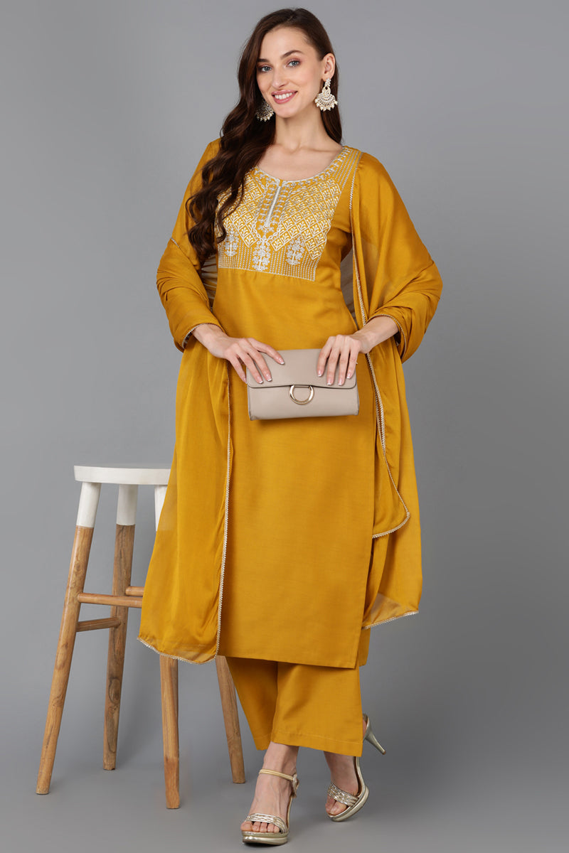 Mustard Silk Blend Straight Kurta Palazzo With Dupatta PKSKD1827