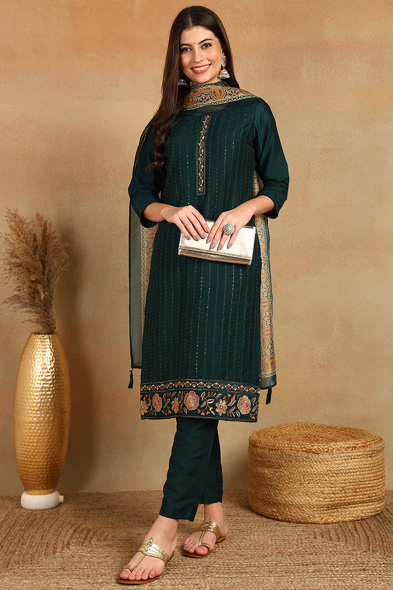 Green Silk Blend Straight Kurta Pant With Dupatta PKSKD1834