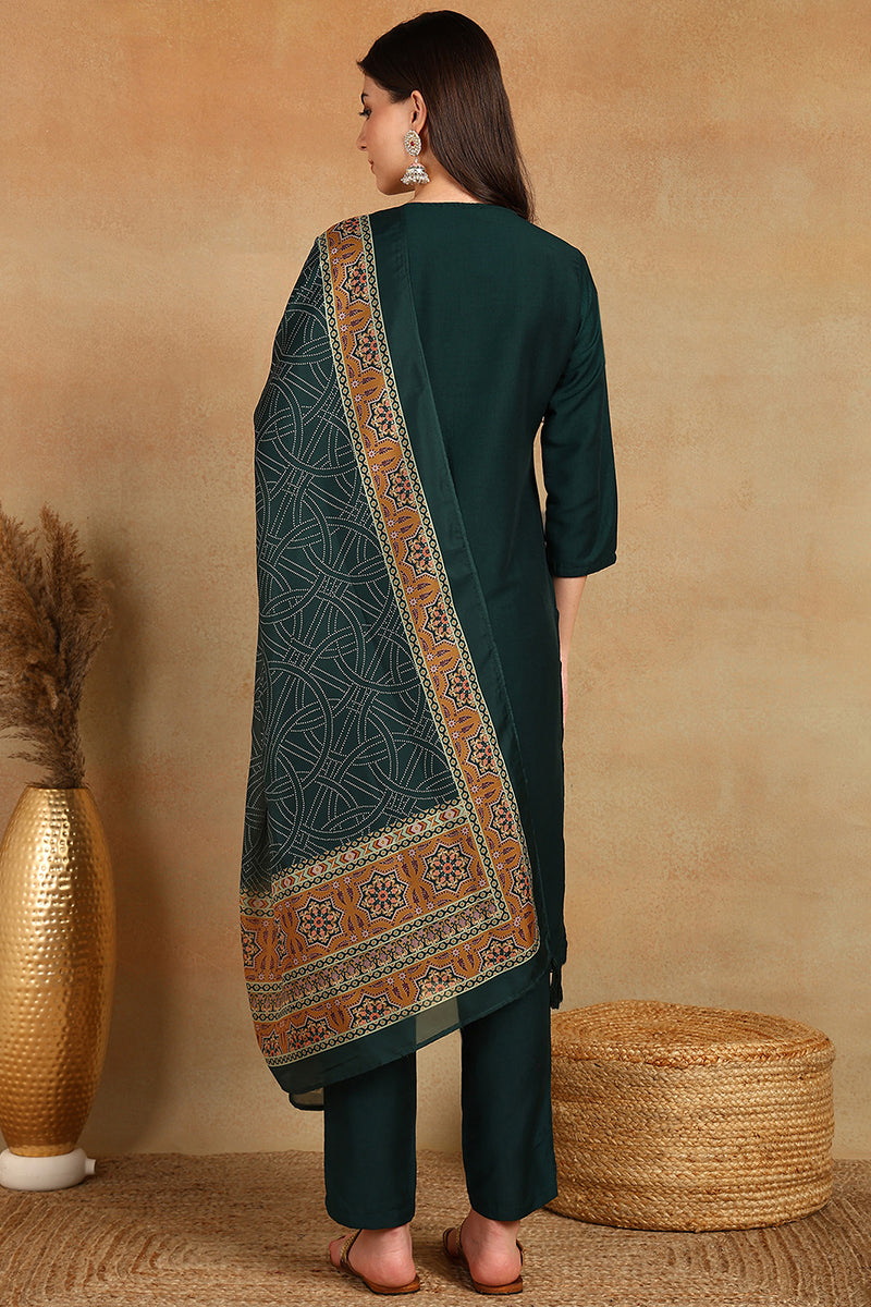 Green Silk Blend Straight Kurta Pant With Dupatta PKSKD1834