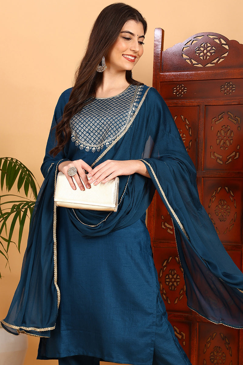 Silk Blend Teal Embroidered Straight Kurta Pant With Dupatta PKSKD1838