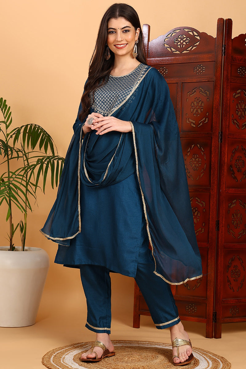 Silk Blend Teal Embroidered Straight Kurta Pant With Dupatta PKSKD1838