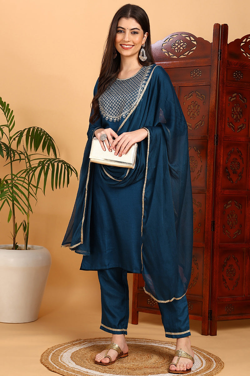 Silk Blend Teal Embroidered Straight Kurta Pant With Dupatta PKSKD1838