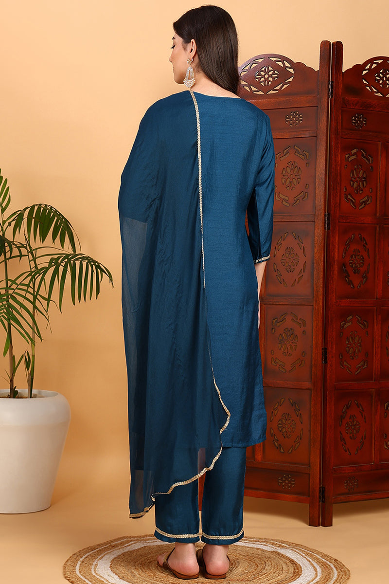 Silk Blend Teal Embroidered Straight Kurta Pant With Dupatta PKSKD1838