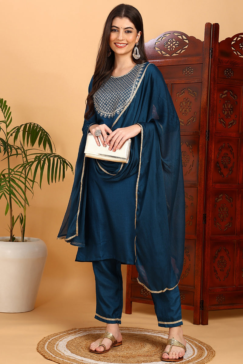 Silk Blend Teal Embroidered Straight Kurta Pant With Dupatta PKSKD1838