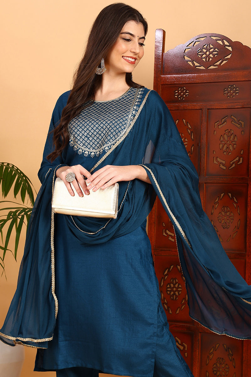 Silk Blend Teal Embroidered Straight Kurta Pant With Dupatta PKSKD1838