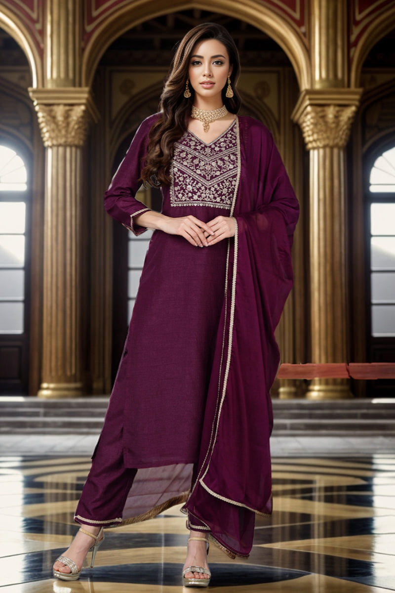 Purple Silk Blend Solid Straight Suit Set PKSKD1841