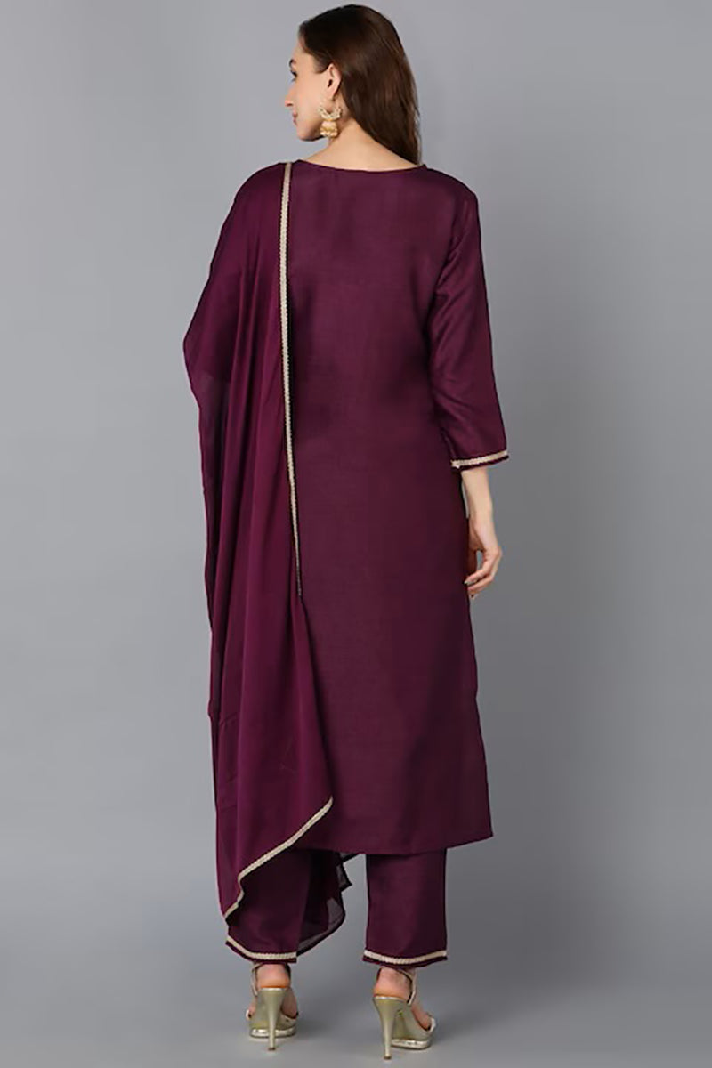 Purple Silk Blend Solid Straight Suit Set PKSKD1841