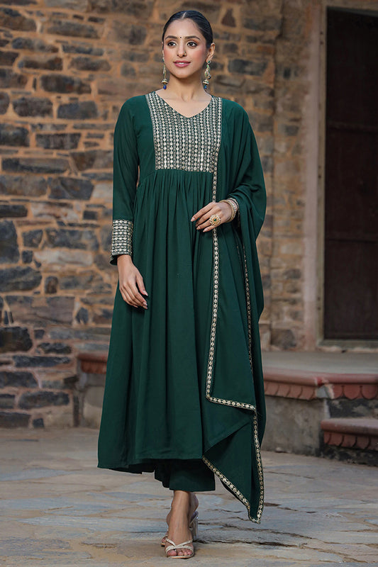 Green Georgette Solid Anarkali Suit Set PKSKD1843