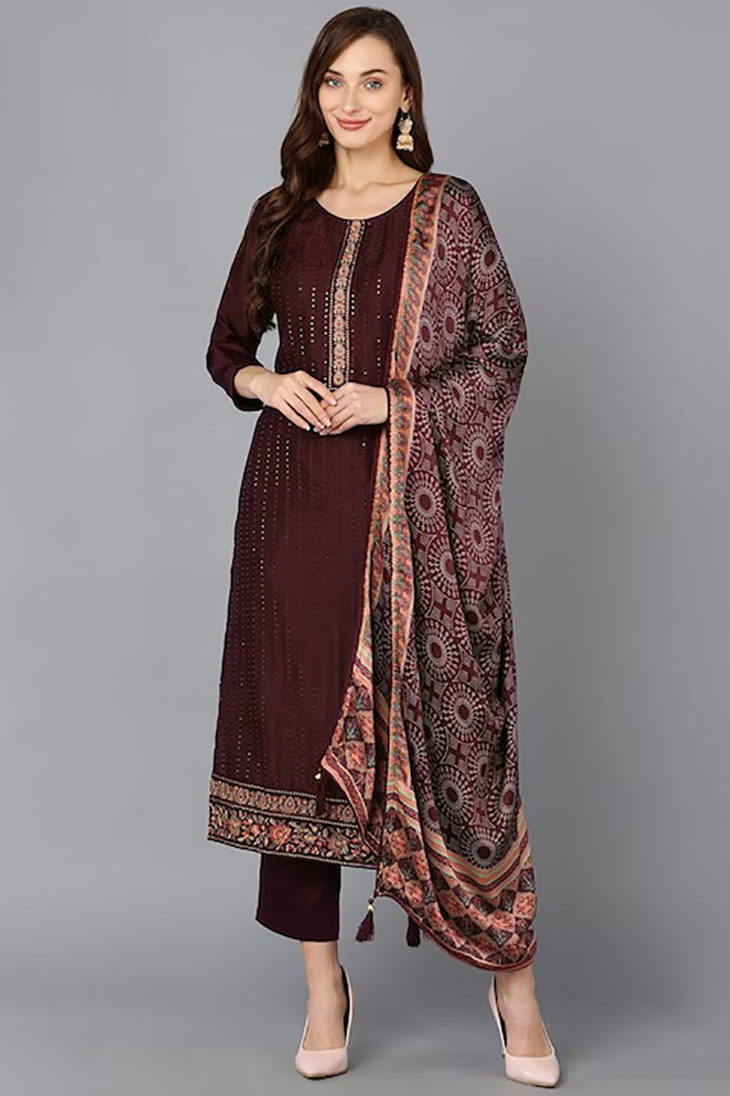 Maroon Silk Blend Ethnic Motifs Straight Suit Set PKSKD1846