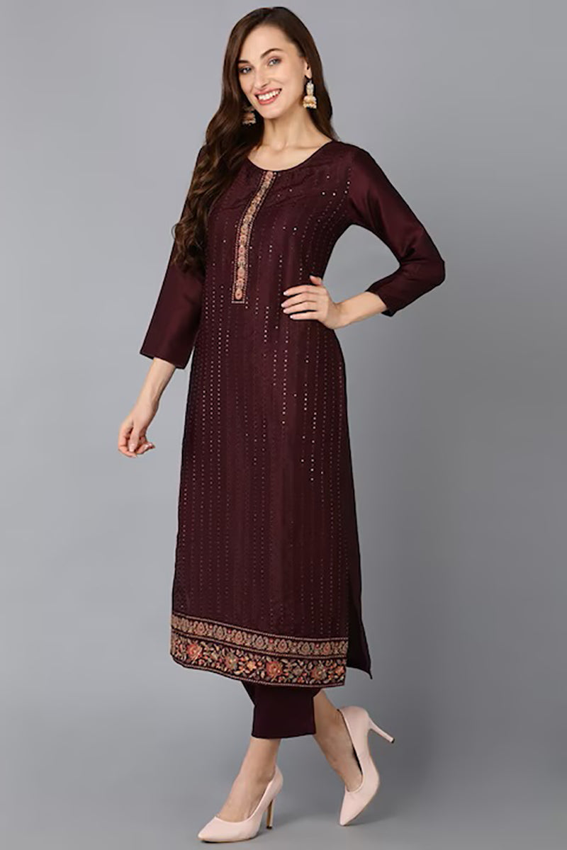 Maroon Silk Blend Ethnic Motifs Straight Suit Set PKSKD1846