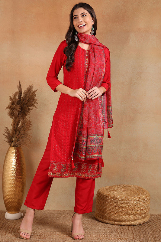 Maroon Silk Blend Straight Kurta Pant With Dupatta PKSKD1847