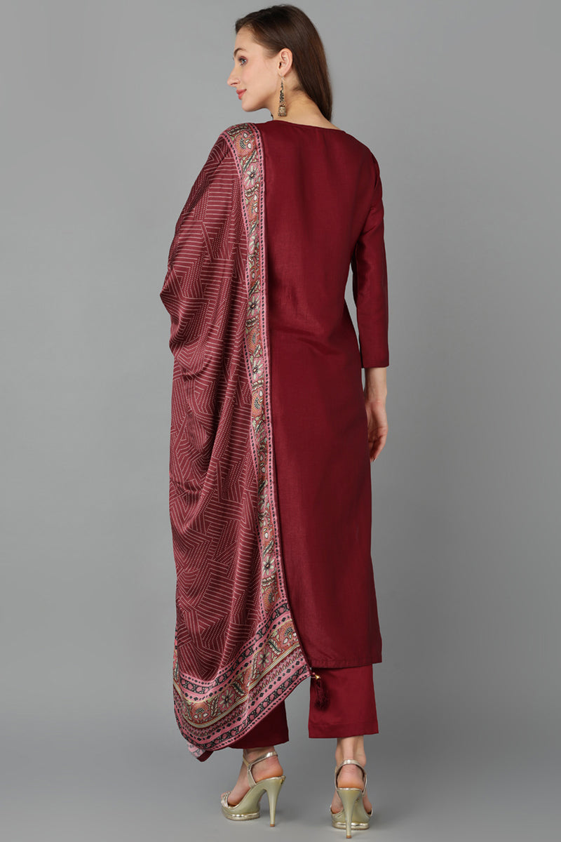 Maroon Silk Blend Straight Kurta Pant With Dupatta PKSKD1847