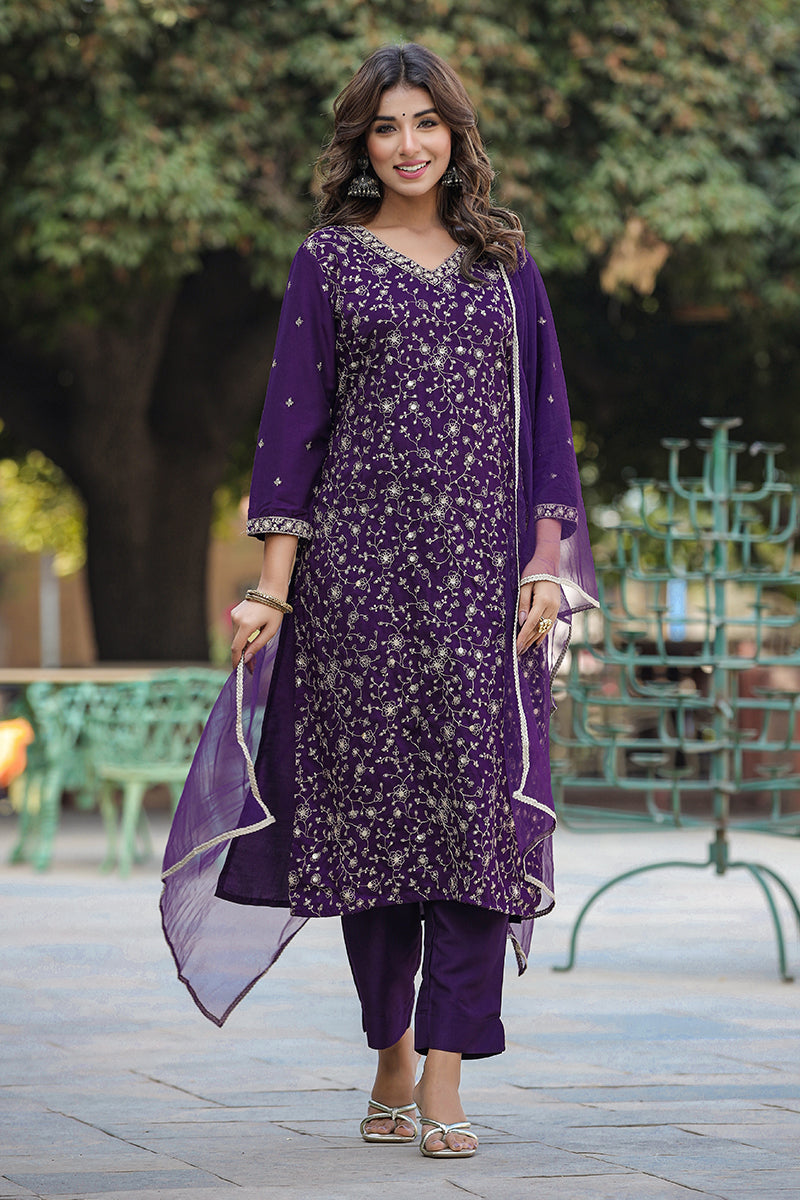 Purple Silk Blend Ethnic Motifs Straight Suit Set PKSKD1848