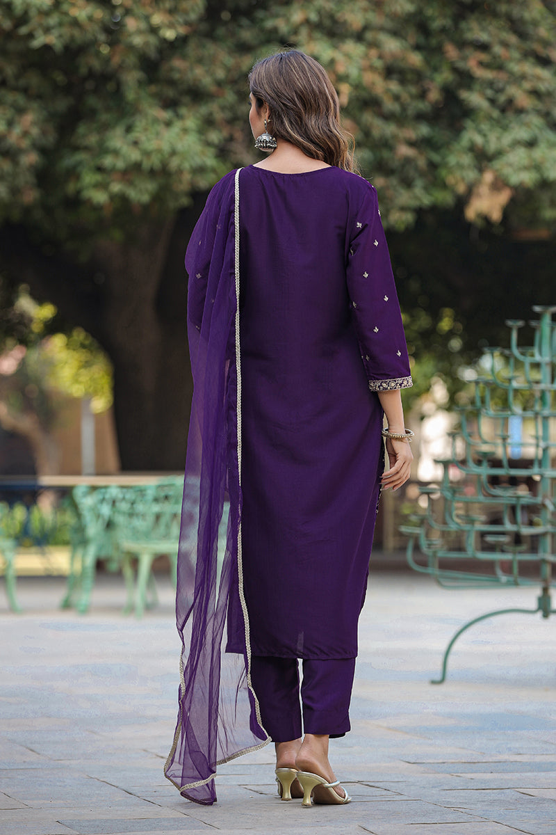 Purple Silk Blend Ethnic Motifs Straight Suit Set PKSKD1848