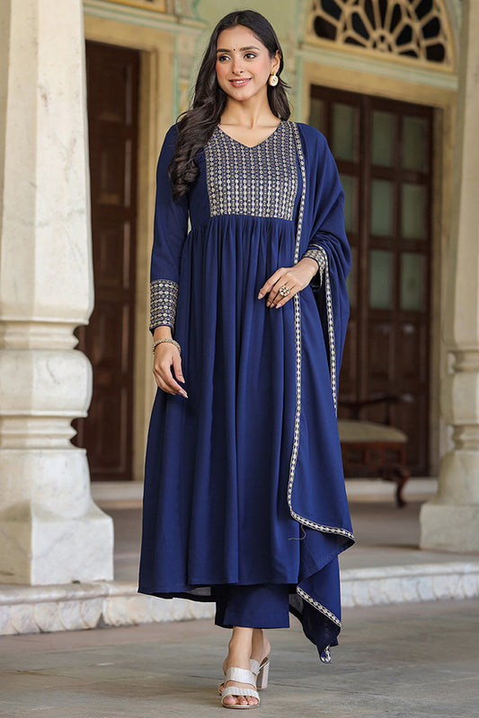 Navy Blue Georgette Sequinned Flared Suit Set PKSKD1850