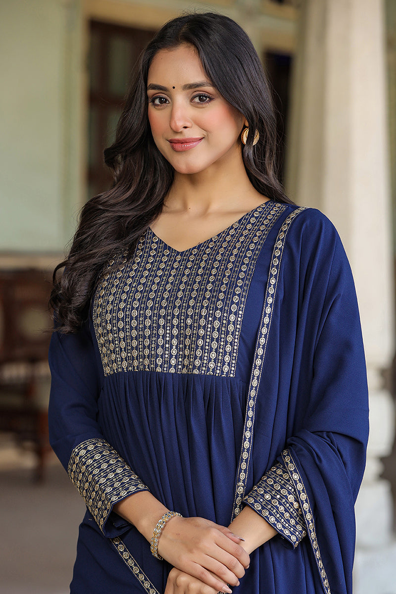 Navy Blue Georgette Sequinned Flared Suit Set PKSKD1850