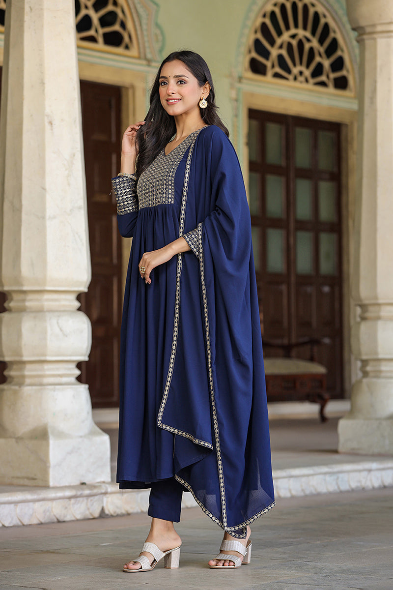 Navy Blue Georgette Sequinned Flared Suit Set PKSKD1850